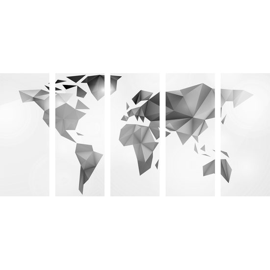 5-dielny obraz moderná mapa sveta tvorená origami v čiernobielom prevedení