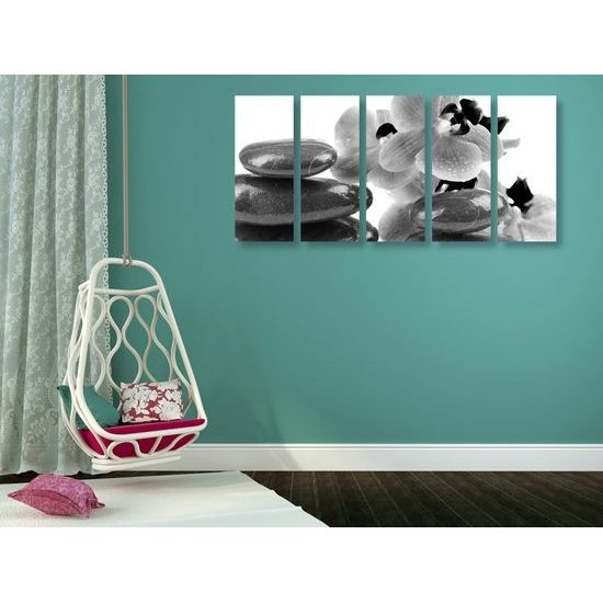 5-dielny obraz relaxačne SPA zátišie v čiernobielom prevedení
