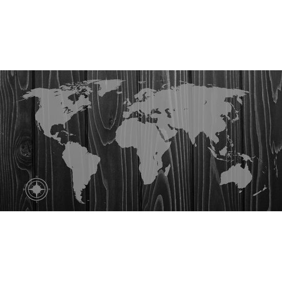 Obraz čiernobiela mapa sveta na dreve v luxusnom prevedení