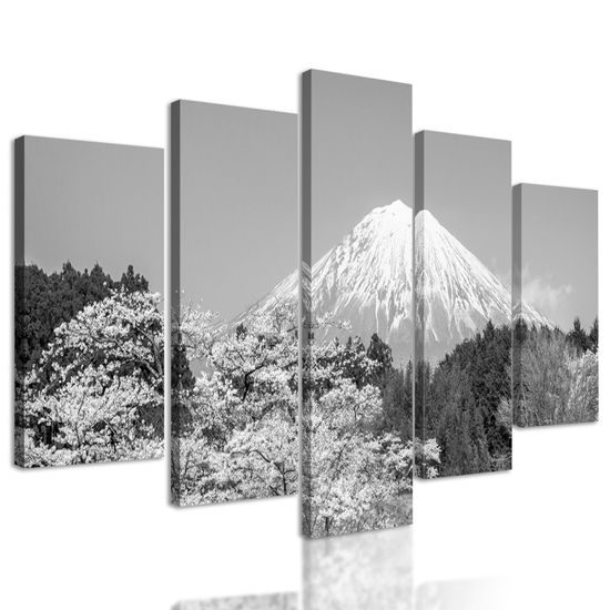 5-dielny obraz Japonská sopka Fuji v čiernobielom prevedení