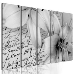 5-dílný obraz lilie na milostném dopise v černobílém provedení