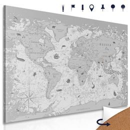 Obraz na korku mapa světa s historickým nádechem v černobílém provedení