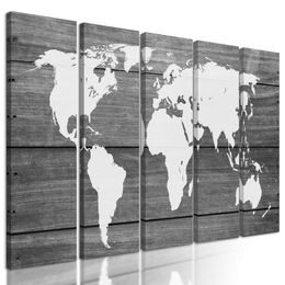 5-dílný obraz černobílá moderní mapa světa na dřevěném podkladu