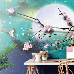 Samolepící tapeta kresba větve s květinami při úplňku měsíce