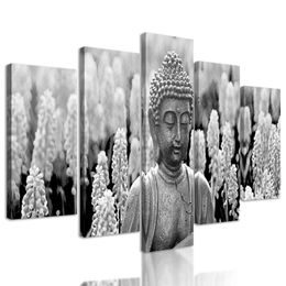 5-dílný obraz Buddha na levandulové louce v černobílém provedení