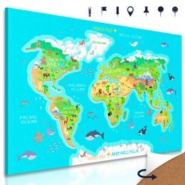 Obraz na korku mapa světa pro děti s kreslenými zvířátky
