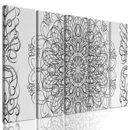 5-dílný obraz jemná květinová Mandala v černobílém provedení