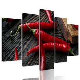5-dílný obraz chili papričky na dřevěném podkladu