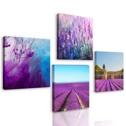Set obrazů levandulová pole s fialovou abstrakcí