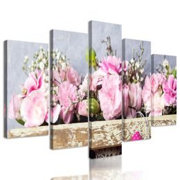 5-dílný obraz květiny karafiátu a růžové srdíčko