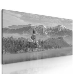 Obraz kostel na skále v černobílém provedení