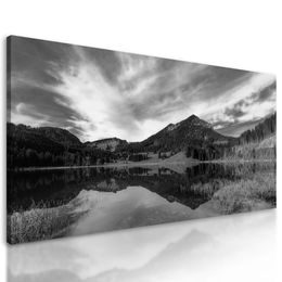 Obraz jezero mezi horami v černobílém provedení