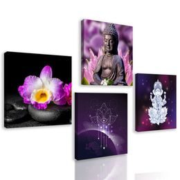 Set obrazů symboly Feng Shui ve fialových barvách