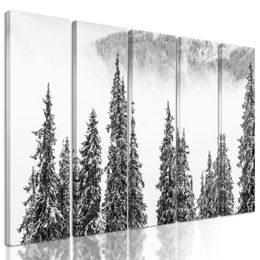 5dílný obraz černobílé borové stromy pokryté sněhem