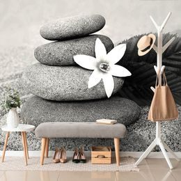 Fototapeta květ se zen kameny v černobílém provedení