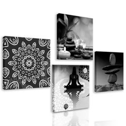 Set obrazů symboly Feng Shui v černobílém provedení