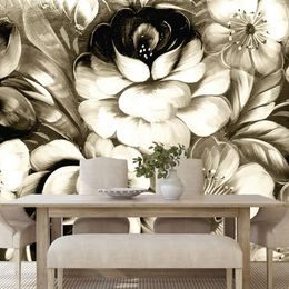 Samolepící tapeta sépiové květiny v impresionistickém stylu