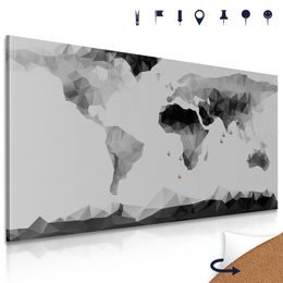 Obraz na korku mapa světa tvořená mnohoúhelníky v černobílém provedení