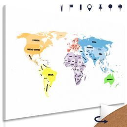Obraz na korku mapa světa s poutavými nápisy
