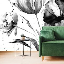Jedinečná černobílá samolepící tapeta malované tulipány