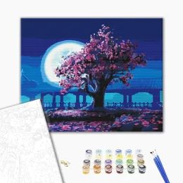Malování podle čísel nádherná sakura v měsíčním svitu