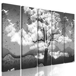 5-dílný obraz černobílý strom v japonském stylu