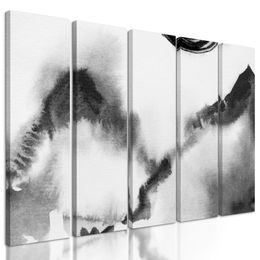5-dílný obraz japonská abstrakce hor v černobílém provedení
