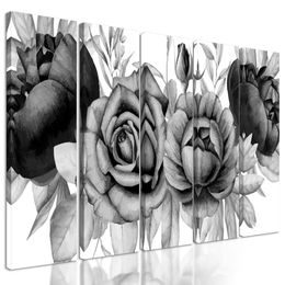 5-dílný obraz něžné splynutí růží a listů v černobílém provedení