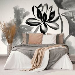 Samolepící tapeta černobílý lotosový květ v akvarelovém provedení