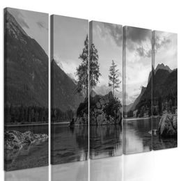 5-dílný obraz jezero obklopené horami v černobílém provedení