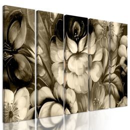 5-dílný obraz abstraktní malba květin v sépiovém provedení