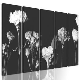 5-dílný obraz nádherné květiny v černobílém provedení