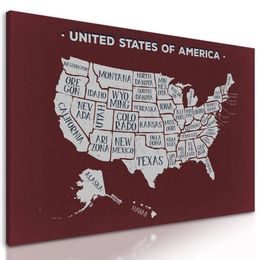 Obraz moderní mapa USA s bordó pozadím