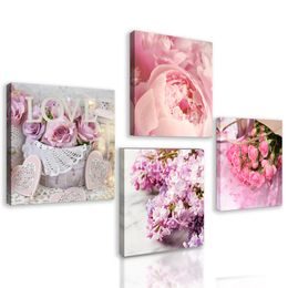 Set obrazů něžné květiny v odstínech růžové