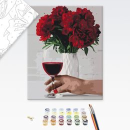 Malování podle čísel sklenka vína a váza pivoněk