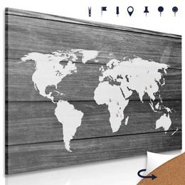 Obraz na korku černobílá moderní mapa světa na dřevěném podkladu