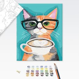 Malování podle čísel kočka s velkým šálkem kávy
