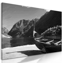 Obraz malovaná vikingská loď v černobílém provedení