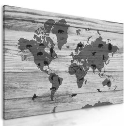 Obraz černobílá mapa světa se symbolickými zvířaty na dřevěném podkladu