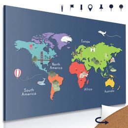 Obraz na korku mapa světa s kreslenými dominantami