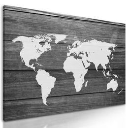 Obraz moderní mapa světa na dřevěném podkladu v černobílém provedení