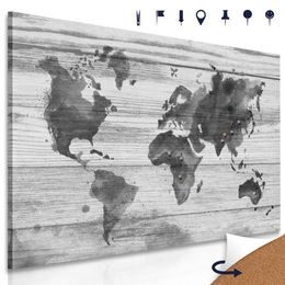 Obraz na korku černobílá mapa světa na dřevě