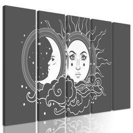 5-dílný obraz symboly slunce a měsíce v černobílém provedení