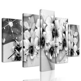 5-dílný obraz abstraktní květiny v černobílém provedení
