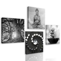Set obrazů předměty Feng Shui v černobílém provedení