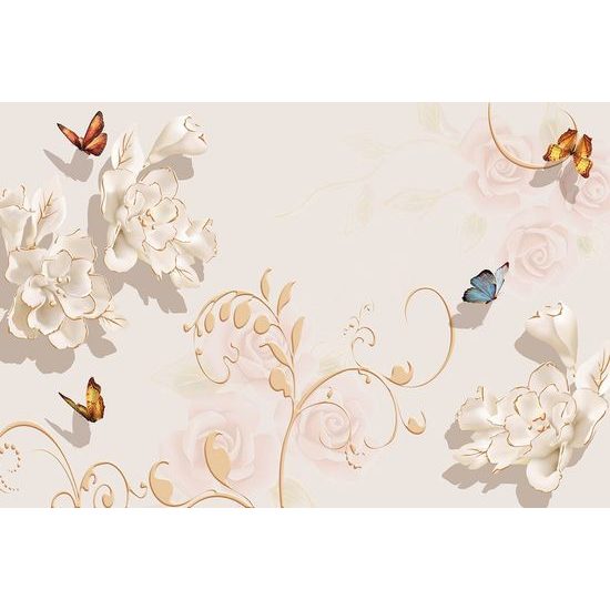 Samolepící tapeta zátiší s květinami a motýly ve vintage stylu