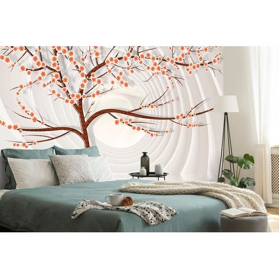 Samolepící tapeta strom s oranžovými květinami na abstraktním pozadí