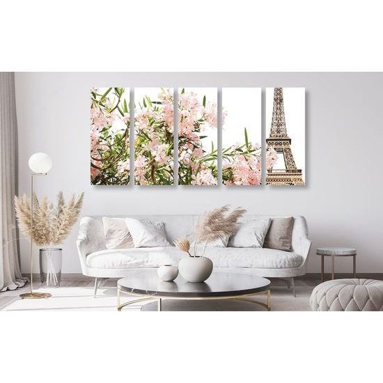 5-dílný obraz růžové květiny pod Eiffelovou věží