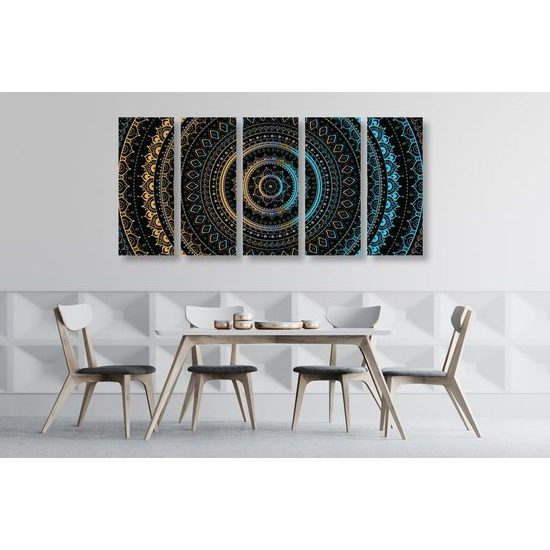 5-dílný obraz krásná modře zlatá Mandala