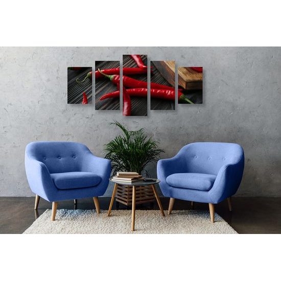 5-dílný obraz chili papričky na dřevěném podkladu